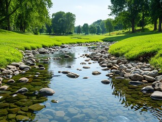 A park with clean, restored waterways and protected wildlife zones, aquatic restoration, habitat protection