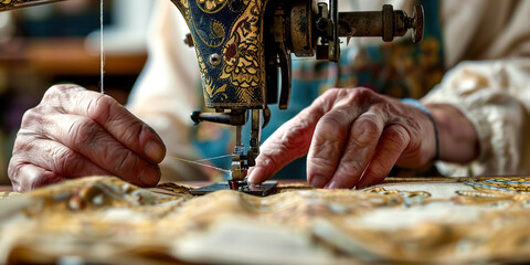 Hands are sewn on a sewing machine