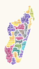 Madagascar regions word cloud. Country logo design. Regions typography style vector image. Madagascar colored text cloud. Creative vector illustration.