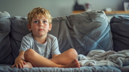 Fototapeta premium A pensive boy on grey couch with blanket, casual and cozy ambiance, thoughtful expression.