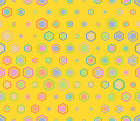 Honeycomb hexagon cells background. Multicolored geometric elements of varied sizes. Bold rounded hexagon cells with padding and inner solid cells. Hexagonal shapes. Tileable pattern.