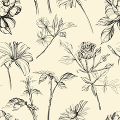 Hand drawn flowers pattern. Ink floral vintage illustration.