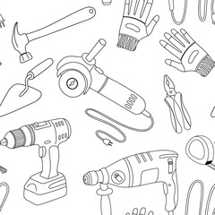 Seamless pattern with construction tools. Hand drawn illustration in cartoon style.