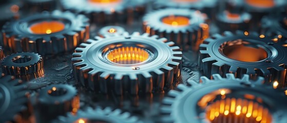 metal gears with orange light create a vivid scene. The central golden gear symbolizes importance in a complex mechanical system, evoking associations with precision and interconnectedness.