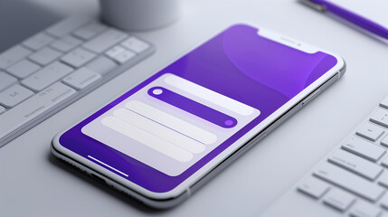 A modern smartphone displaying a sleek user interface design with a purple and white color scheme. 