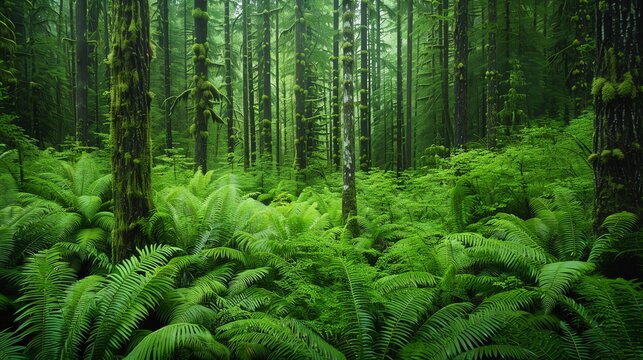 A temperate rainforest with mosscovered trees and abundant wildlife, habitat balance, rich biodiversity