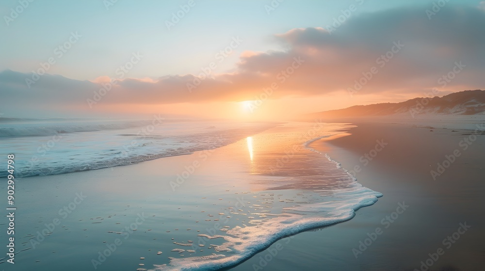 Canvas Prints Tranquil Sunrise Over Misty Coastal Landscape with Peaceful Ocean Waves and Reflections