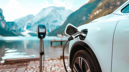 Electric car charging at a scenic lakeside station with mountains in the background, showcasing eco-friendly transportation.