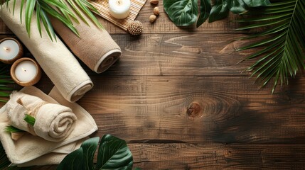 A wooden table with a variety of items including a towel, a spoon, and several bowls. The table is set up for a spa or relaxation setting