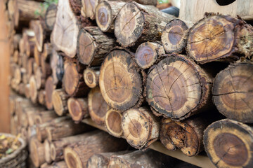 A pile of logs with some of them being cut in half