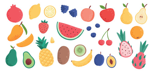 Doodle fruits. Natural tropical fruit, doodles citrus orange and vitamin lemon. Vegan kitchen apple hand drawn, organic fruits or vegetarian food. Vector isolated icons illustration set