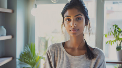 oung woman with ponytail and nose ring standing in modern indoor space