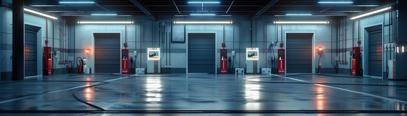 A large, empty warehouse with yellow and red markings on the walls. The space is dimly lit, giving it a somewhat eerie atmosphere