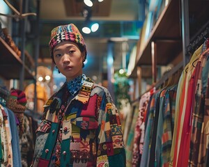 Illustration of A quirky fashion designer with a bold and colorful aesthetic, dressed in a mix of eclectic patterns and textures, showcasing their latest collection in a trendy, urban boutique. Ai Gen