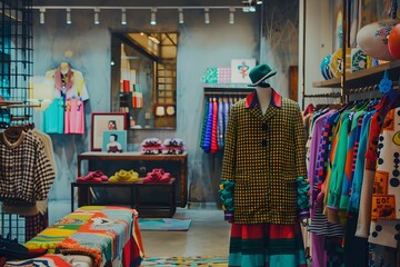 Illustration of A quirky fashion designer with a bold and colorful aesthetic, dressed in a mix of eclectic patterns and textures, showcasing their latest collection in a trendy, urban boutique. Ai Gen