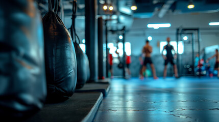 Obraz premium Boxing Gym Training Session with Punching Bags