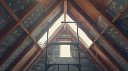 Fototapeta premium Interior view of an unfinished attic with wooden beams