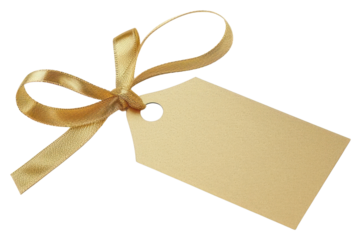 PNG Price tag paper label gift shape with ribbon gold white background celebration.