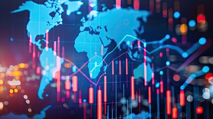 Global business network with economic growth charts, illustrating worldwide financial progress and connectivity