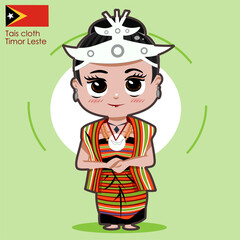 CIMAHI, INDONESIA-JULY 29, 2024-Timor Leste etnic cute chibi girl wear traditional costume dress. Vector graphic design character illustration for collection, poster,background,wallpaper,sticker.