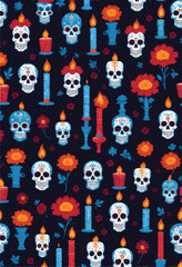 a blue and orange day of the dead pattern sugar skull and marigold flowers on a dark blue background