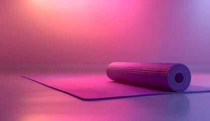 A purple yoga mat is rolled up on the floor, with a gradient background in violet and pink colors.