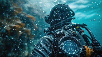 A man in a black wetsuit is looking at a watch while underwater