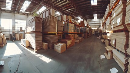 Spacious Warehouse Filled with Stacked Wood Panels and Materials
