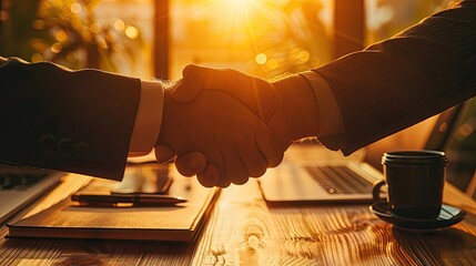 Hands shaking over a workplace desk, with the sun rising through the window, representing partnership and growth