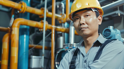 Asian Engineer in Hard Hat Working in Industrial Facility with Pipes