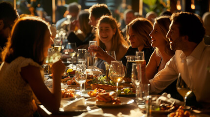 A bustling restaurant scene with colleagues engaging in animated banter, glasses and plates filling the frame, right third copy space. Harmony, Responsibility, Joy