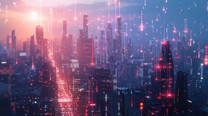 Fototapeta premium A city skyline at night with a lot of lights. The city is lit up and the sky is cloudy