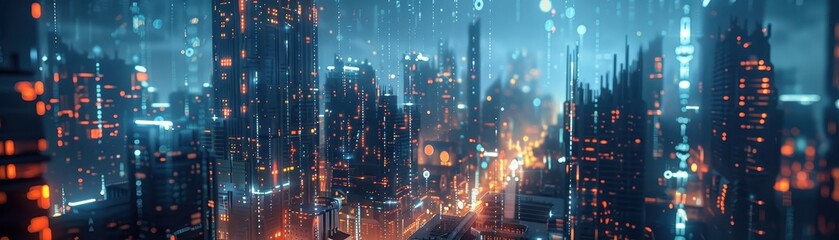 A city skyline at night with a lot of lights. The city is lit up and the sky is cloudy