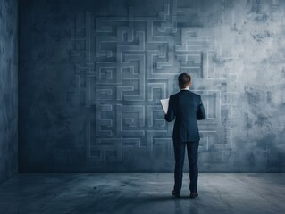 A businessperson navigating a labyrinth of tax forms, depicting tax complexity