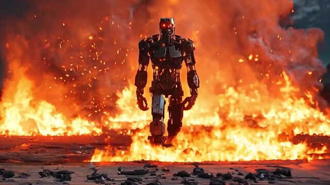 Robotic military cyborg strolls amid flames, conflict, and the end of the world
