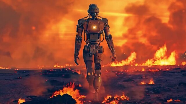 Robotic military cyborg strolls amid flames, conflict, and the end of the world