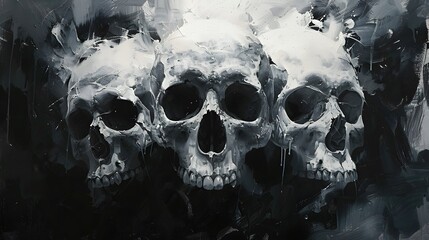 Intriguing Artistic Representation of Three Skulls in Monochrome