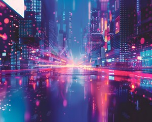 Obraz premium Illustration of A trendy digital poster featuring vibrant, colorful dot fonts in a futuristic cityscape at night. Ai Generate. 