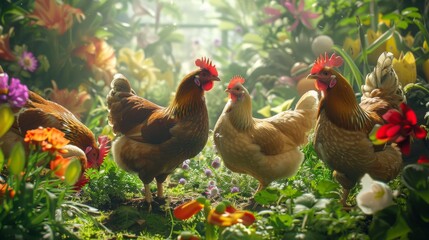 a group of free-range chickens pecking and foraging in a sunlit garden