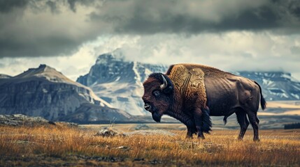 a mighty bison standing on a grassy plain with mountains in the distance