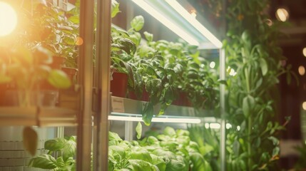 A close-up shot of a vertical indoor herb garden illuminated by artificial lights. The plants are thriving, showcasing the benefits of controlled growing environments.