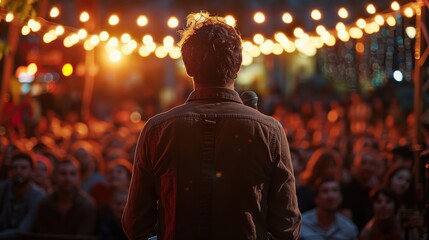 Obraz premium A man stands on stage in front of a crowd of people. The man is wearing a plaid shirt and he is giving a speech. The audience is attentive and engaged, listening to the man's words