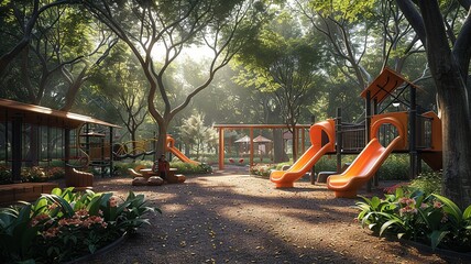 Playground in a lush park with orange slides
