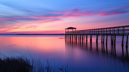 Obraz premium Serene silhouette of a fishing pier stretching into a calm lake at dusk, with a colorful sunset reflecting on the water.