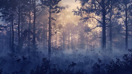 Fototapeta premium Silhouette of a forest emerging from a foggy background, with gentle morning light creating a mystical atmosphere.
