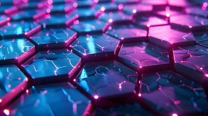 Fototapeta premium A futuristic geometric background with a grid of neon-lit hexagons