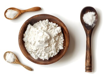 A Rustic Display of Flour and Salt in Wooden Bowls and Spoons