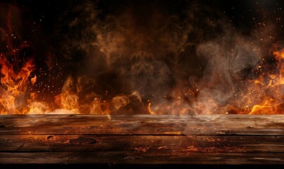 Blank wooden table with fire burning at the edge of the table, fire sparks and smoke with flames on a dark background to display products, Generative AI