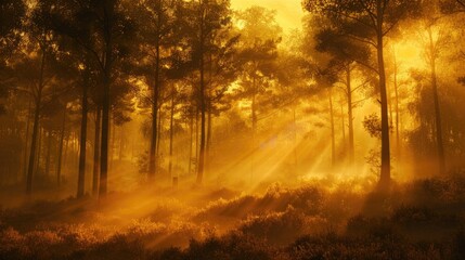 Obraz premium Silhouetted trees in a foggy forest, bathed in the warm glow of morning light.