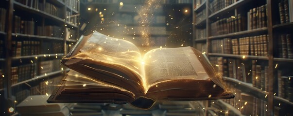 A book floating in an ethereal library pages filled with ancient knowledge and future predictions, fantasy and magic, Generative AI